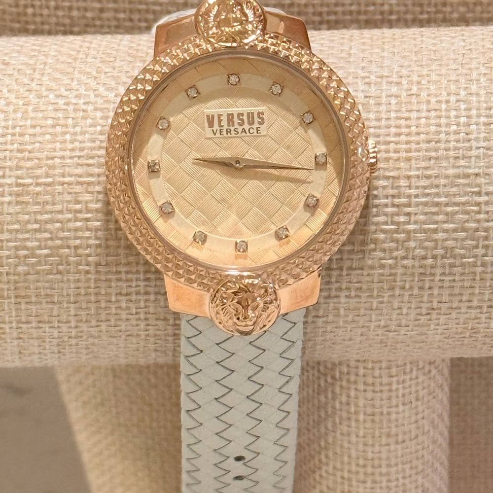 Versus Versace Rose Gold Montorgueil Crystal Index Beige Band Watch, 38mm